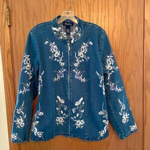 Denim and Co Jean jacket.  Embroidered flower design throughout. Size L.